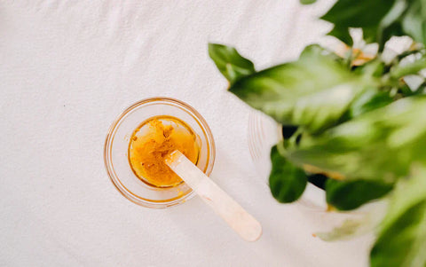 Small glass bowl of honey with a wooden spatula on a white surface beside a green plant.